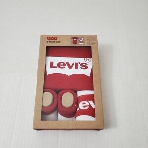 Levi's Newborn‎ Bodysuit, Bib, Booties Red 3 piece Gift Box Set 0-6 Months